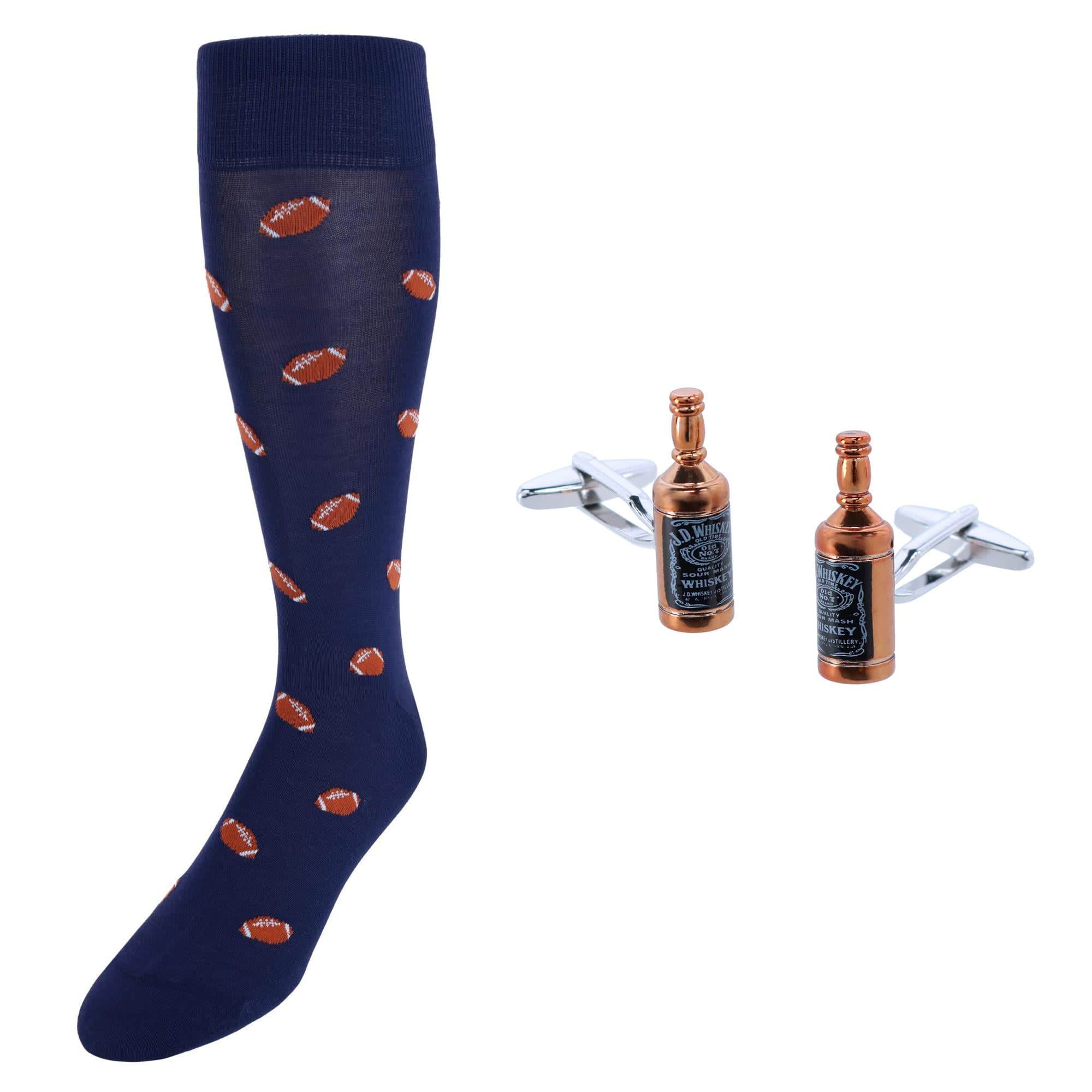 Cheers Whiskey Bottle Cufflinks & Touchdown Football Mid-Calf Socks - Image 2