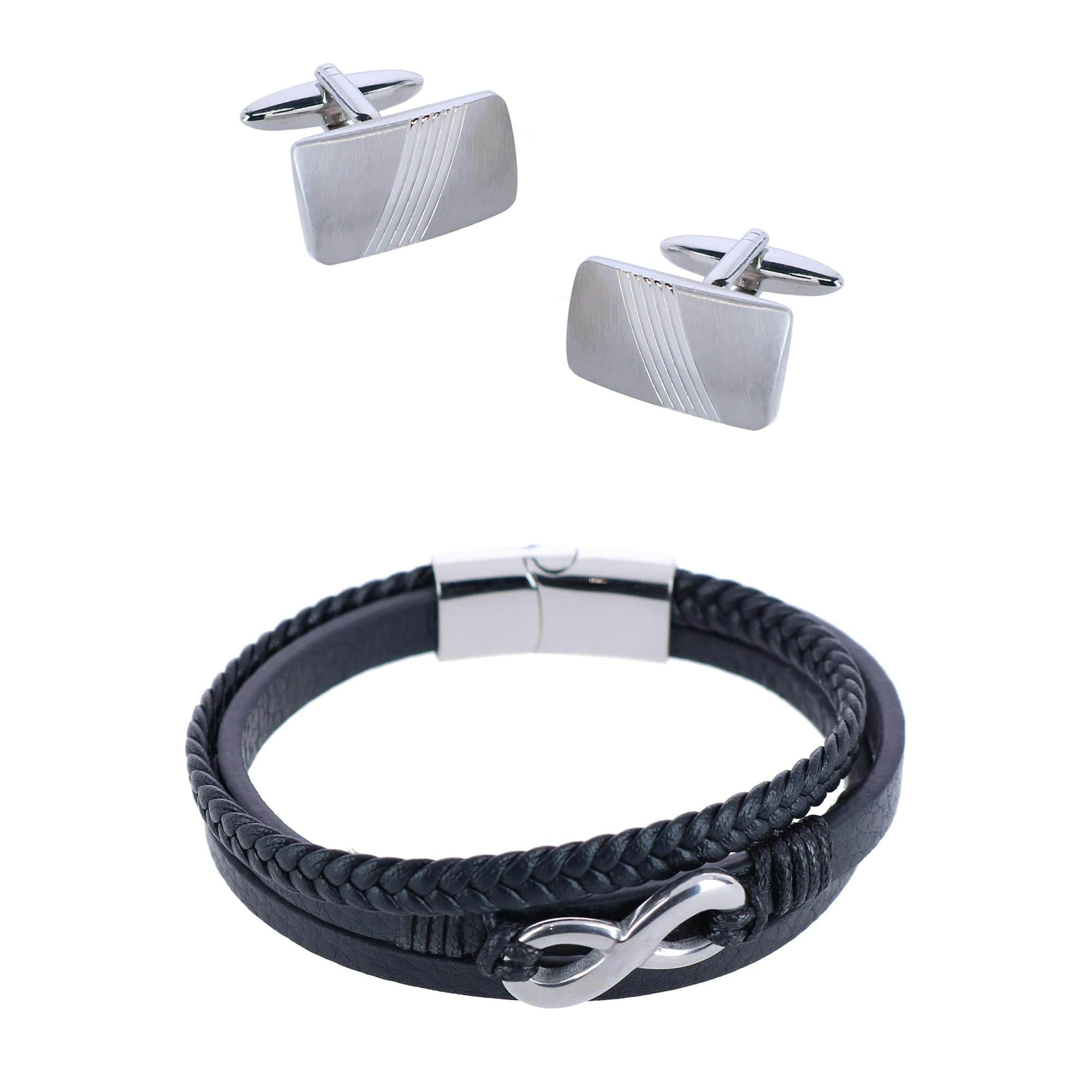 Diagonal Rhodium Cufflinks & Infinity Triple Band Leather Bracelet - Image 2