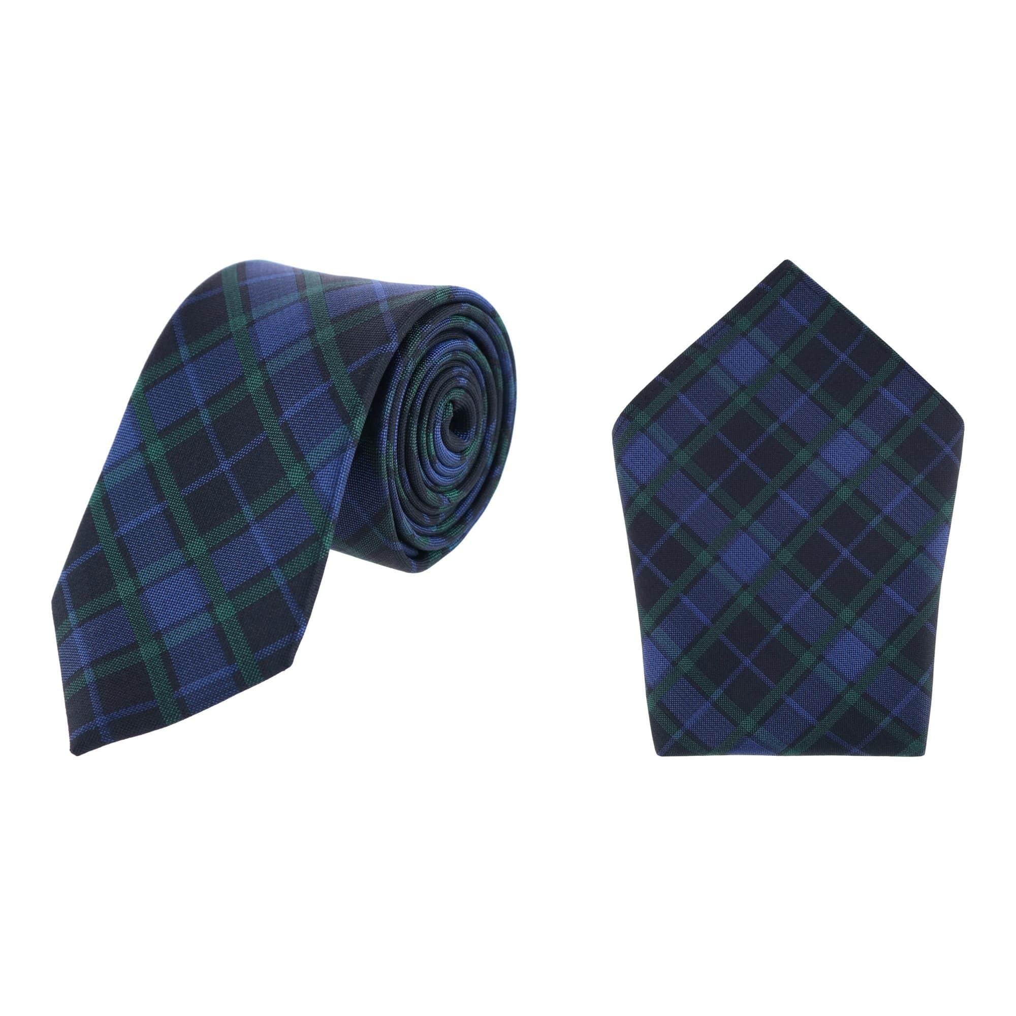 Ives Green and Navy Blackwatch Plaid Necktie and Pocket Square Bundle - Image 2