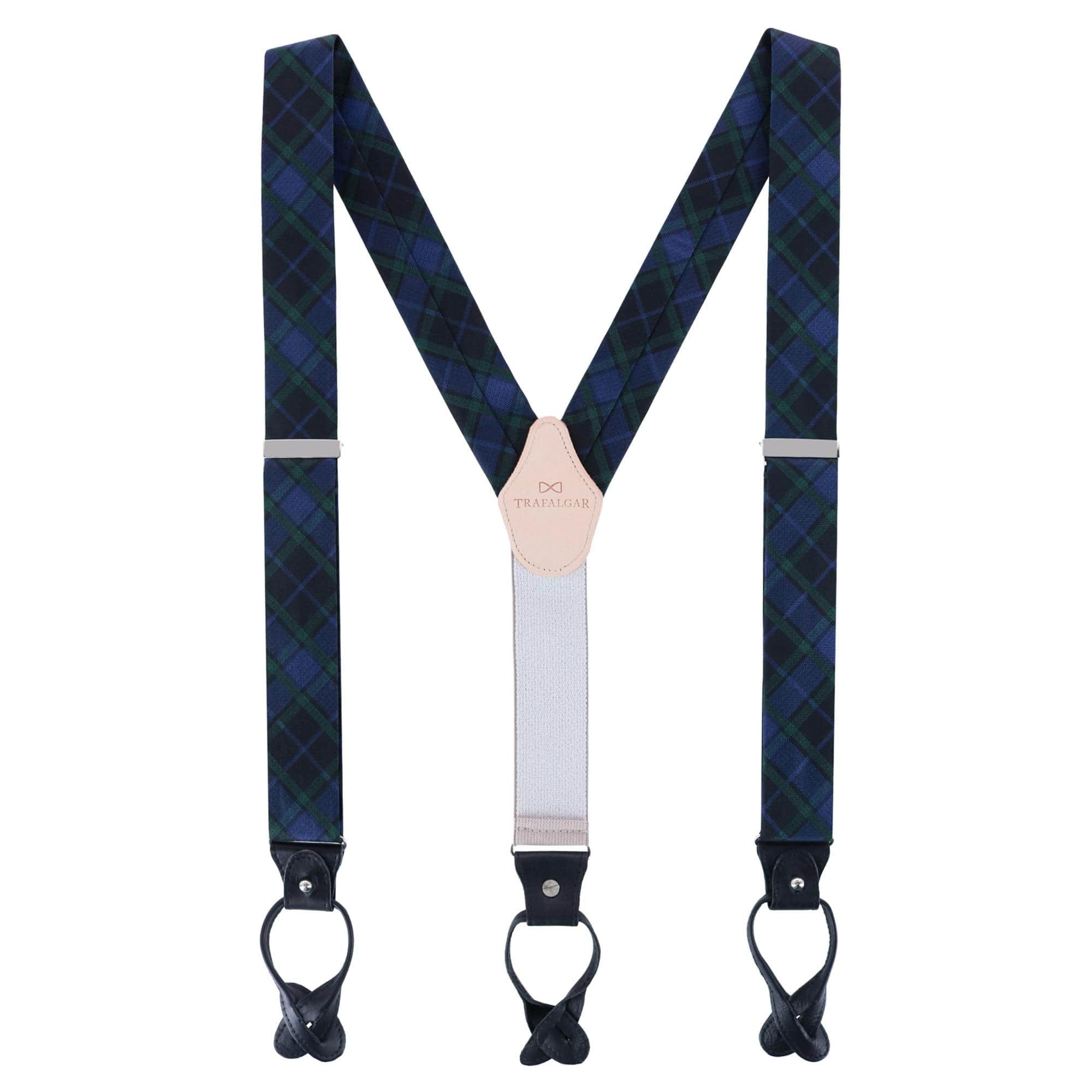 Ives Green and Navy Blackwatch Plaid Silk Button End Braces - Image 3
