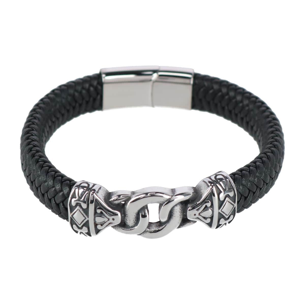 Loose Fit Silver Interlock Pattern on Black Leather Bracelet - Image 2