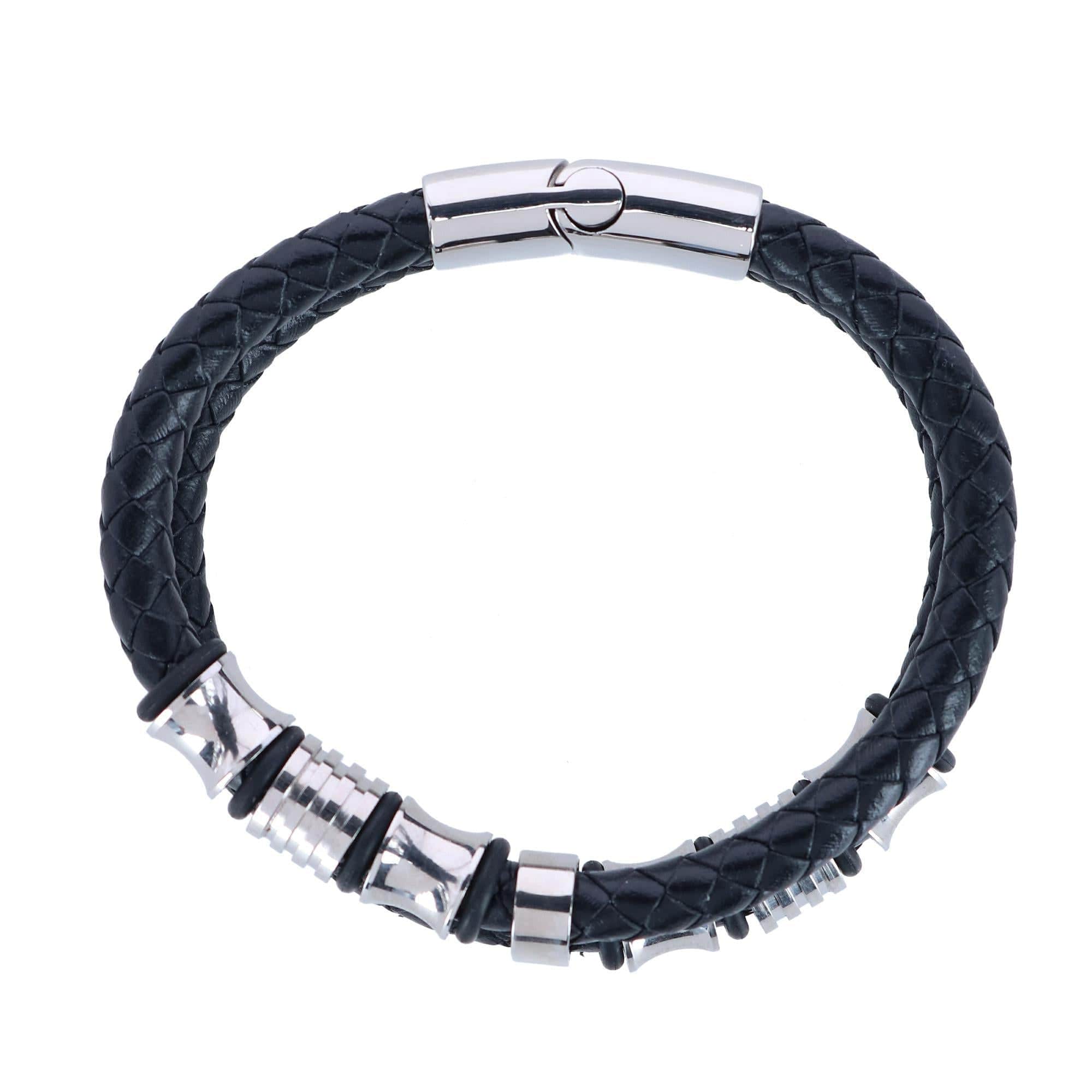 Silver and Leather Double Band Secure Clasp Bracelet - Image 3