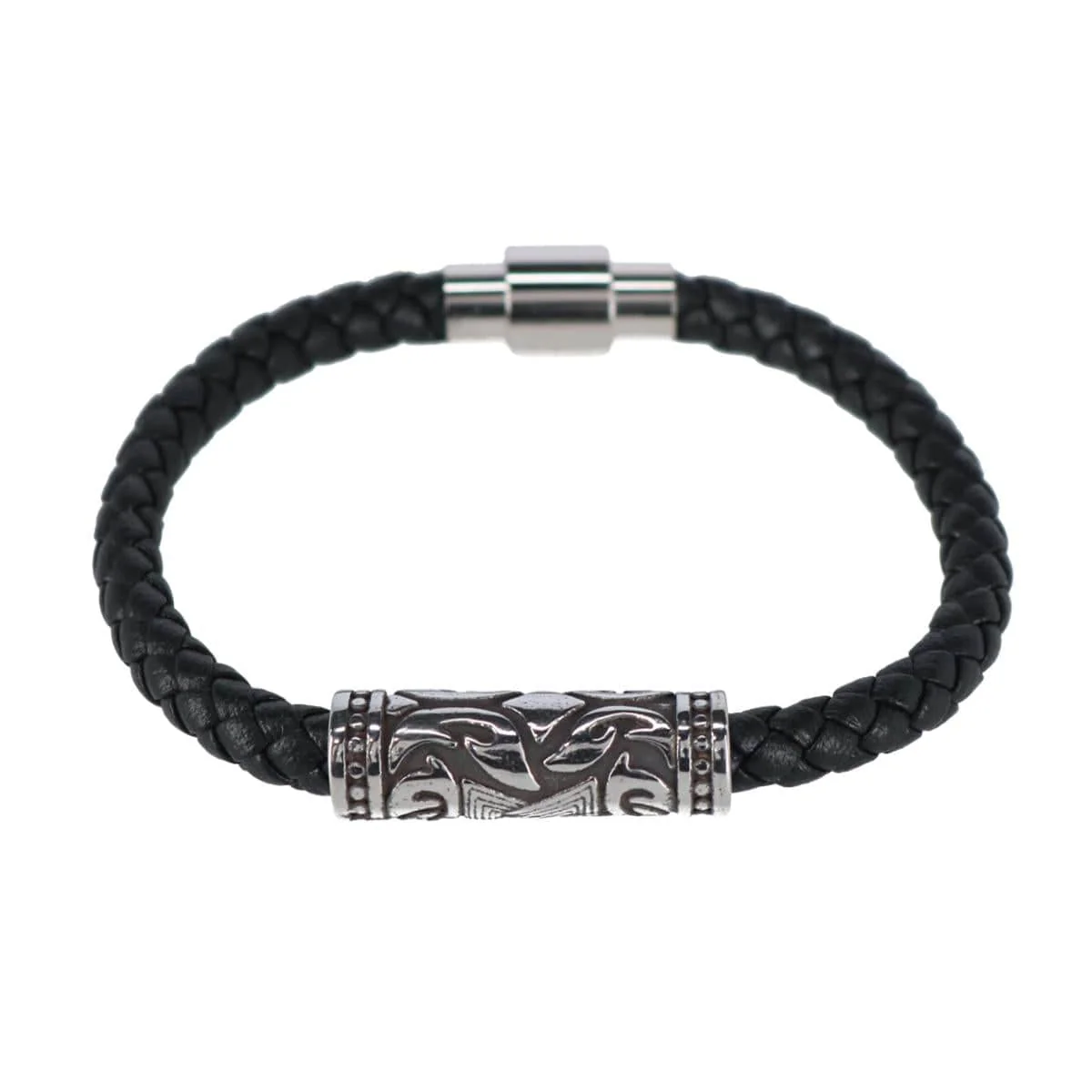Silver Filigree Pattern on Black Leather Bracelet - Image 2