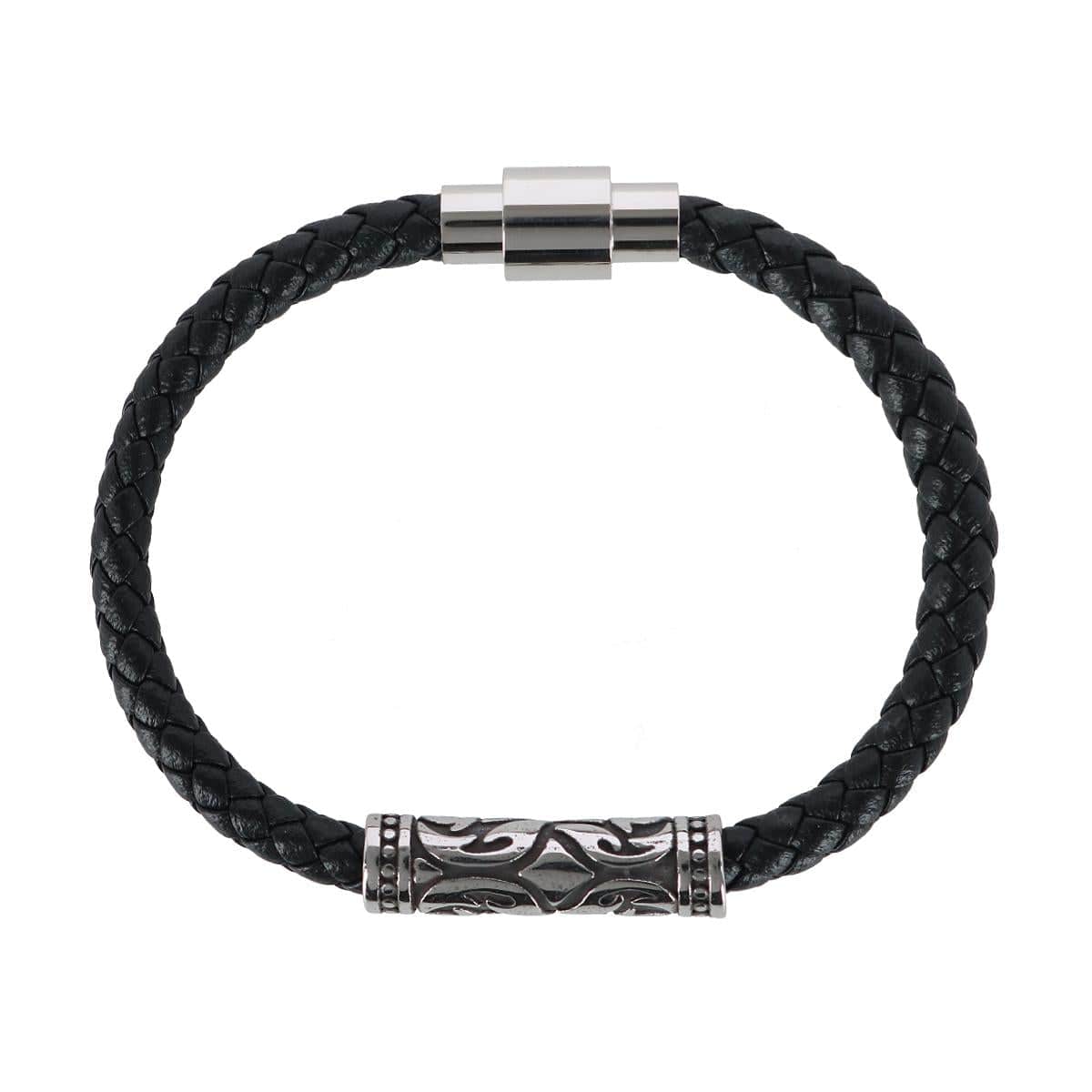 Silver Filigree Pattern on Black Leather Bracelet - Image 3