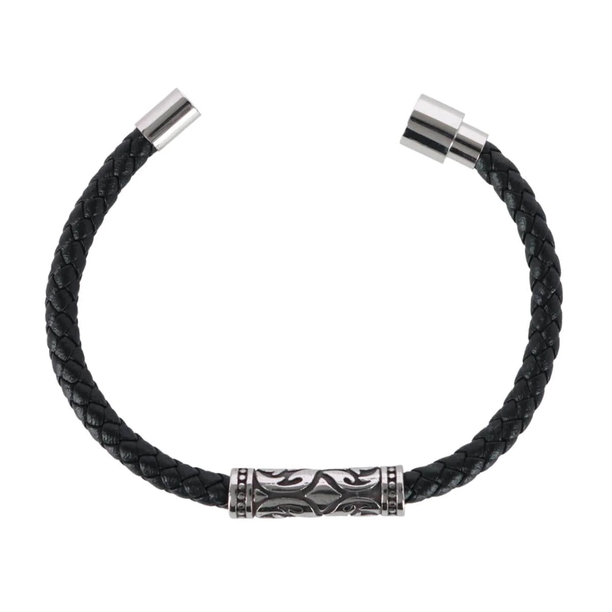 Silver Filigree Pattern on Black Leather Bracelet - Image 4