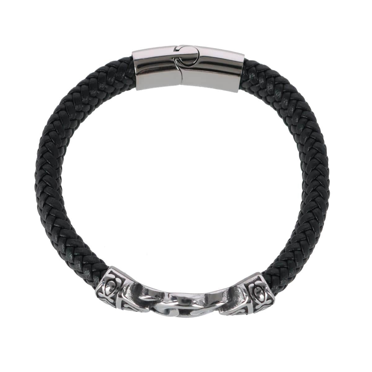 Silver Interlock Pattern on Black Leather Bracelet - Image 3