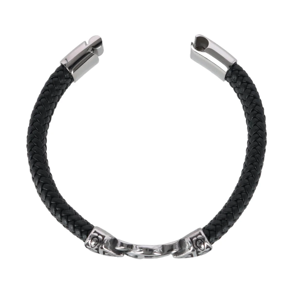 Silver Interlock Pattern on Black Leather Bracelet - Image 4